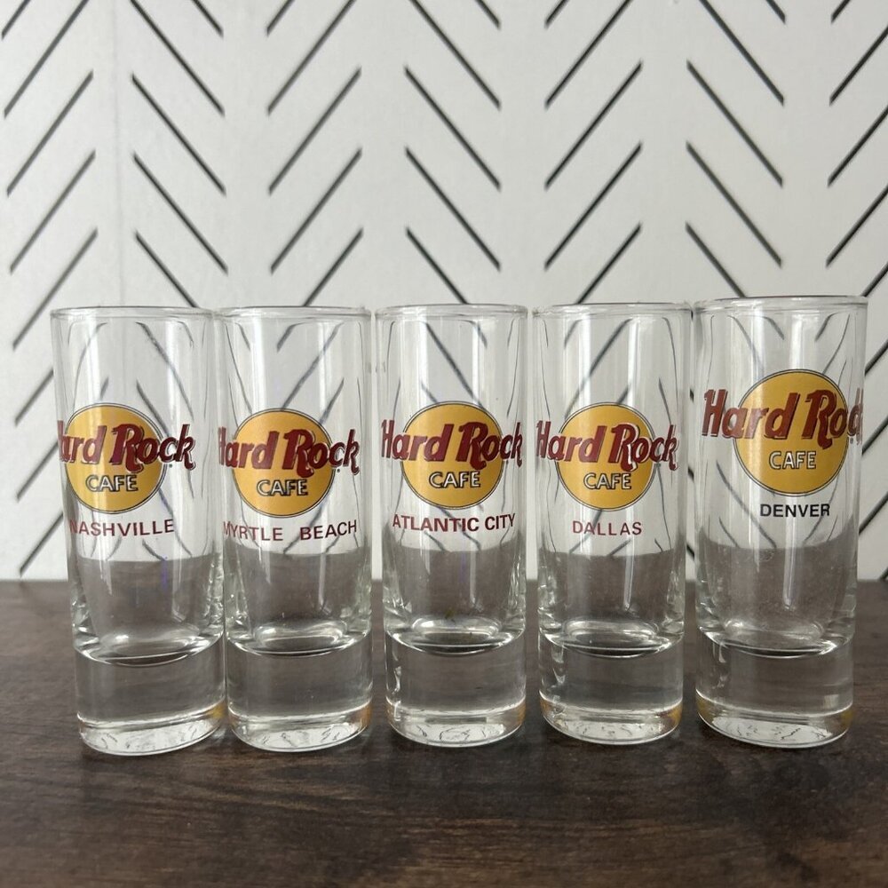 Lot of 5 Hard Rock 4” Double Shot Glasses Various Cities Nashville Atlantic City